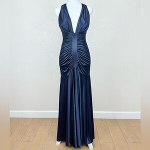 Vintage Y2K Cache Ruched Plunging Neckline Navy Mermaid Jersey Dress Size 2
